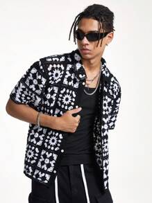 AXEPEAK Suéter de punto de manga corta oversize para hombre, edición de ropa urbana - Blanco y Negro - Ver 1