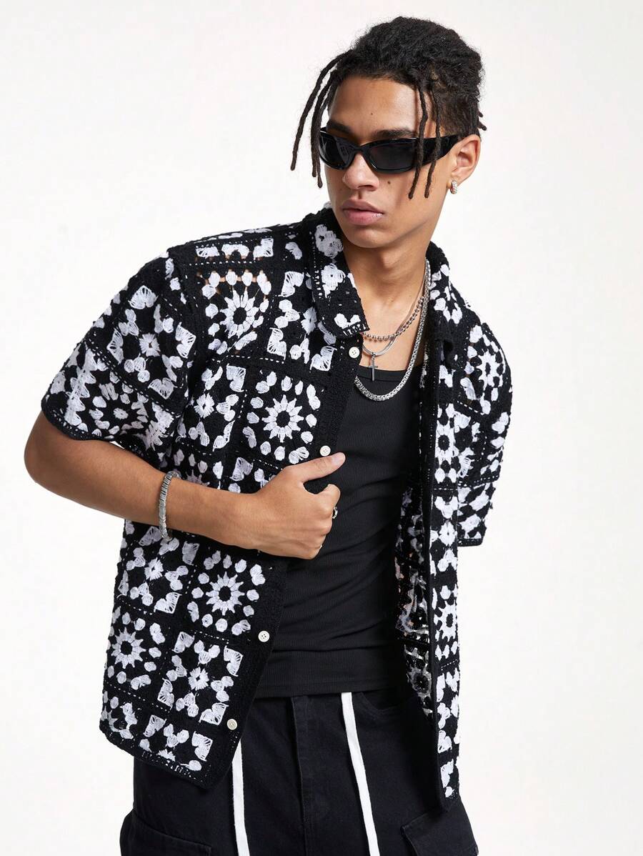 AXEPEAK Suéter de punto de manga corta oversize para hombre, edición de ropa urbana - Blanco y Negro - Ver 1