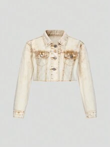 طقم جاكيت دنيم مغسول كاجوال بيج وتنورة قصيرة فتاة صغيرة 2 قطعة/مجموعة - كاكي - مشاهدة 5