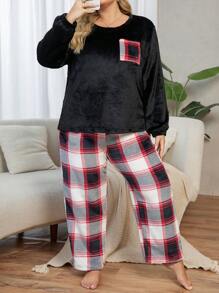 Conjunto de pijama de forro polar de cuello redondo de manga larga con bolsillo a cuadros para mujeres de talla grande, otoño/invierno