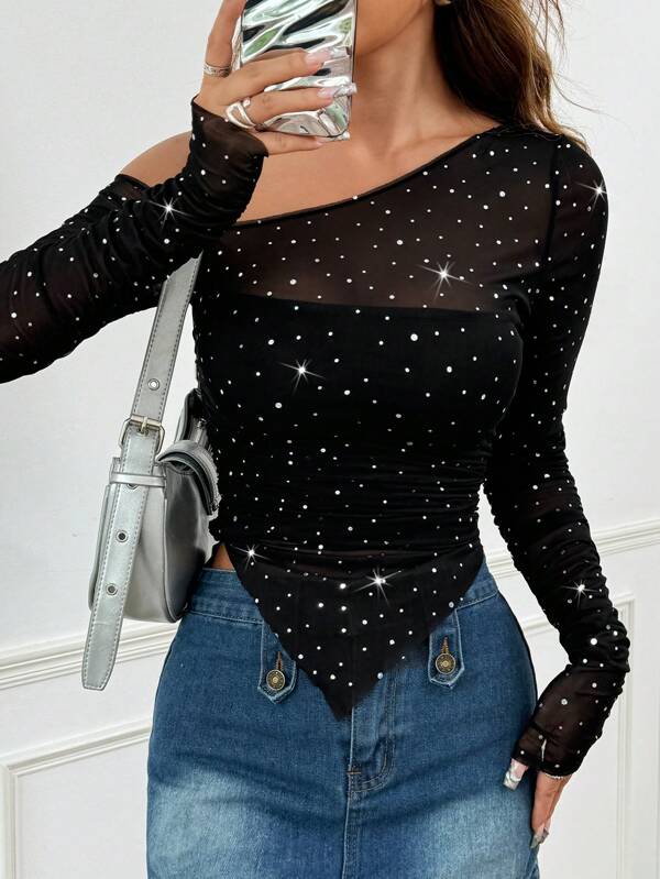 TRNVIE Blusa sexy de malla moldeadora para mujer