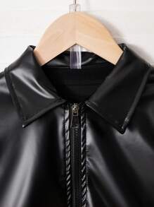 SHEIN 3pcs/Set Young Girl Long Sleeve Zipper Jacket, Letter Print T-Shirt, And Black Faux Leather Pants