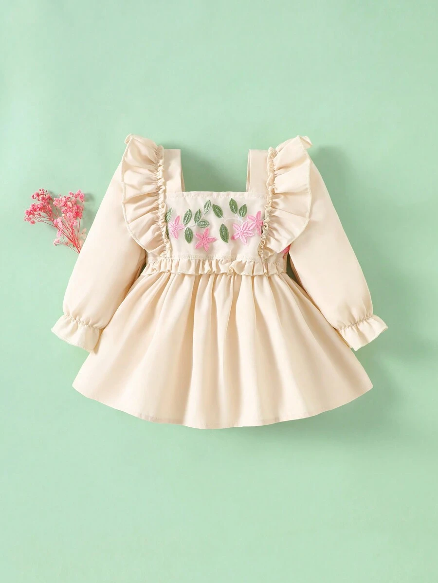 SHEIN Áo thun thường ngày thêu hoa viền bèo nhún cho bé gái, mùa xuân thu - Màu be - Xem 1