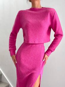 SHEIN X Belinda SHEIN Essnce 2pcs Women's Solid Color Round Neck Long Sleeve Top And Side Slit Hem Skirt Casual Outfit Set, Spring/Fall - Hot Pink - View 8