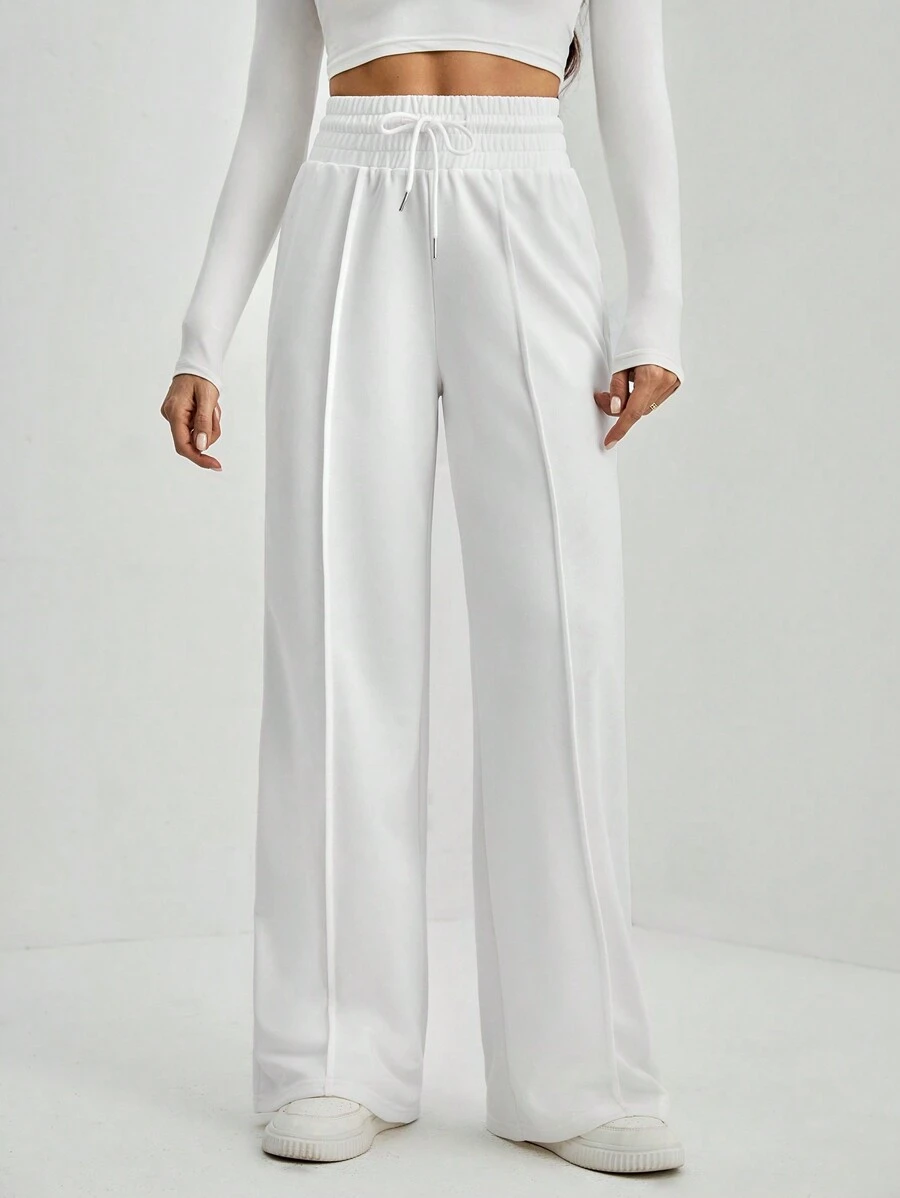 SHEIN Tall 净色抽绳腰部阔腿运动裤 - 白色 - 查看 1