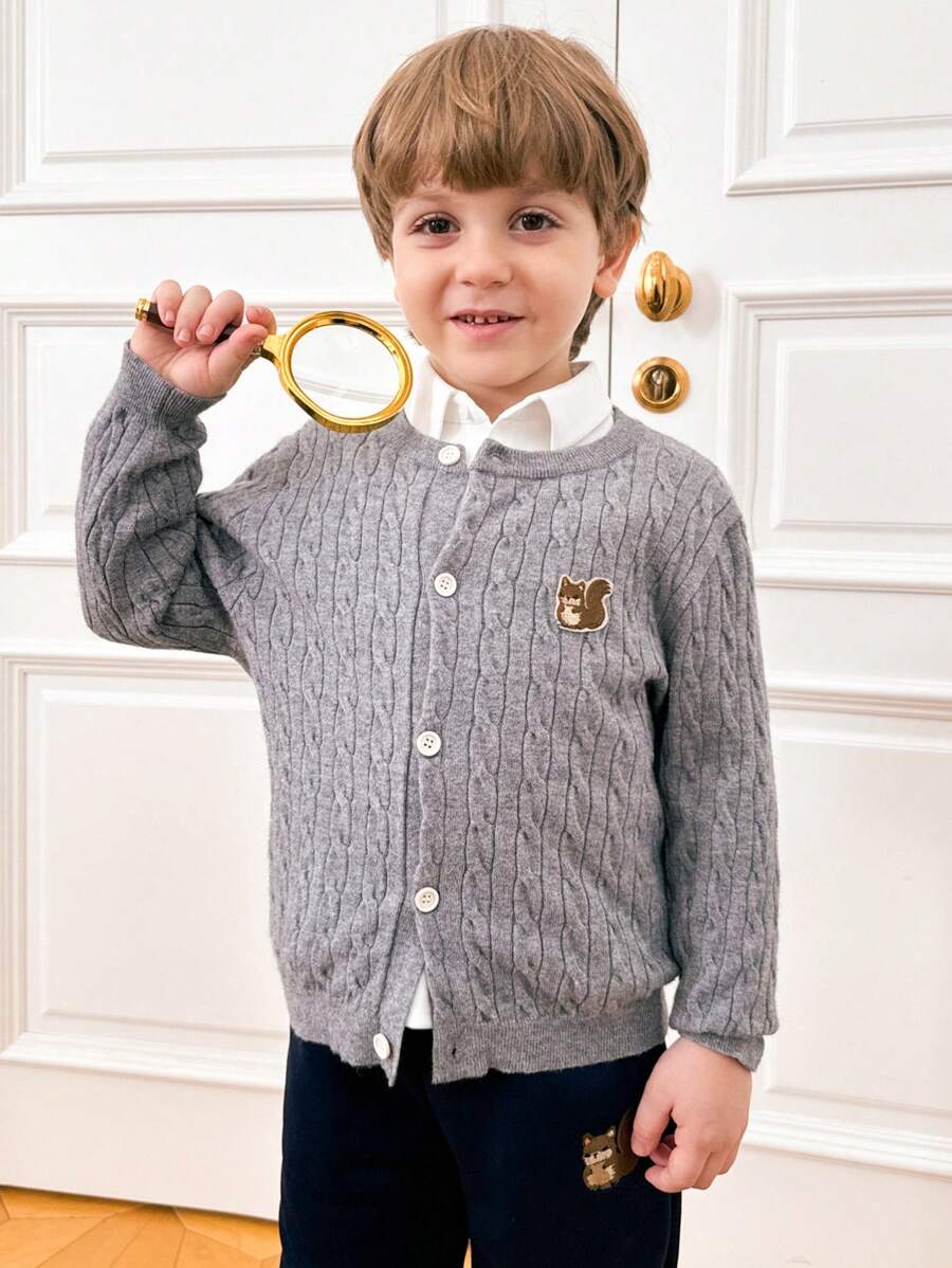 PrepCrw Áo khoác cardigan dáng rộng một hàng khuy màu xám dành cho bé trai có thêu họa tiết sóc cho mùa tựu trường, thu đông - Xám - Xem 1