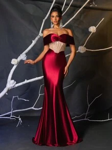 SHEIN Belle 优雅华丽的勃艮第和香槟色可拆卸肩带奢华串珠亮片缝线弹力缎面收腰透视紧身美人鱼下摆适合婚礼活动度假单身派对舞会晚礼服（重工风格）、婚礼活动礼服、正式礼服、婚礼嘉宾、毕业典礼、晚宴 - 紫色 - 查看 4