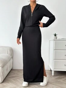 EURMUSE Black Long Skirt And Cardigan Sets - Black - View 7