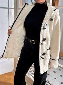 SHEIN Essnce 女士连帽保暖撞色仿围巾纽扣外套、毛绒外套、女士服装、秋冬女士服装。 - 米色 - 查看 6