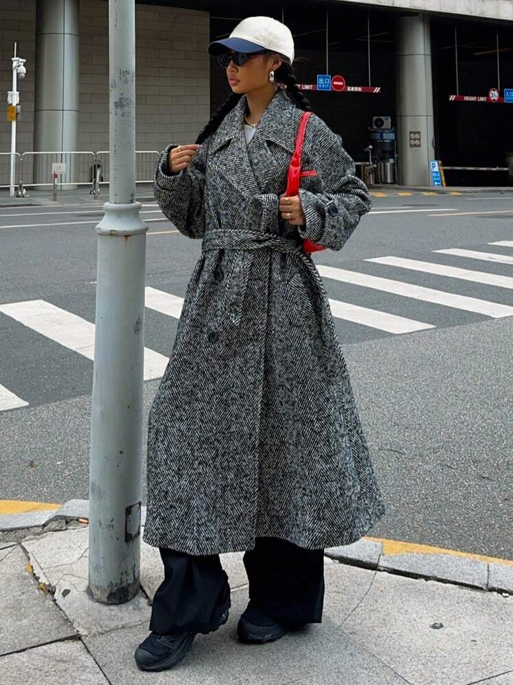 Muchica グレーヘリンボーン ダブルブレスト ロングライン コート