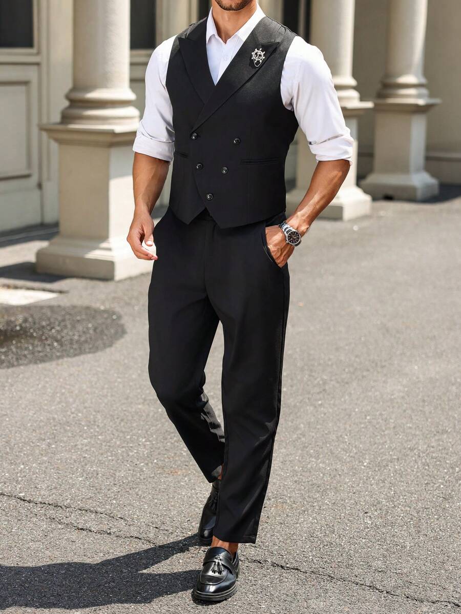 Manfinity Bizformal 男式纯色前扣背心和裤子套装