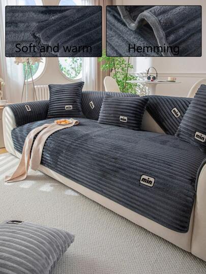 1pc Embroidery Imitation Rabbit Hair Solid Color Sofa Cover, Simple Thickened Soft Warm Pet Friendly Non-Slip Anti-Dirty Machine Washable Sofa Cushion