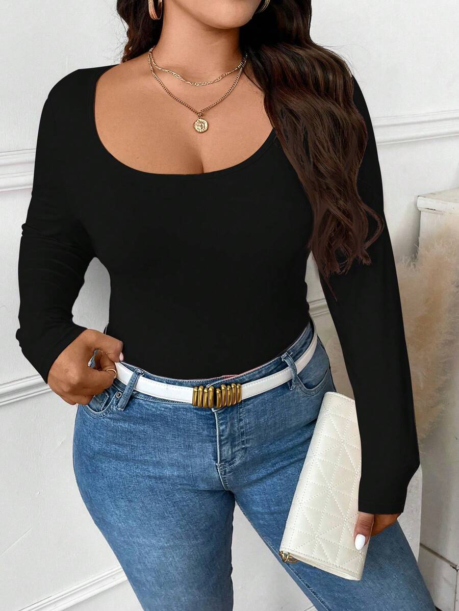Elenzga Plus Size Casual Solid Color Slim Fit Long Sleeve T-Shirt, Spring&Autumn Fall Cloth For Women - Black - View 1