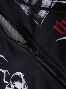 ROMWE MEN Street Life Men's Autumn/Winter Letter & Character Print Zip Closure Drawstring Hooded Casual Sweatshirt - Black - View 7