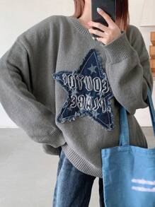 DAZY Maglione oversize in denim con patchwork e decorazione a stelle, stile Y2K, adatto per l'autunno