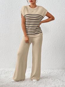 EMERY ROSE 2pcs/Set Women's Contrast Color Loose Casual Drawstring Knitted Set - Khaki - View 3