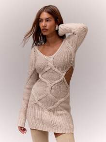 MUSERA Váy len dài tay hở cổ chữ V dệt kim cáp lớn - Lạc đà - Xem 1