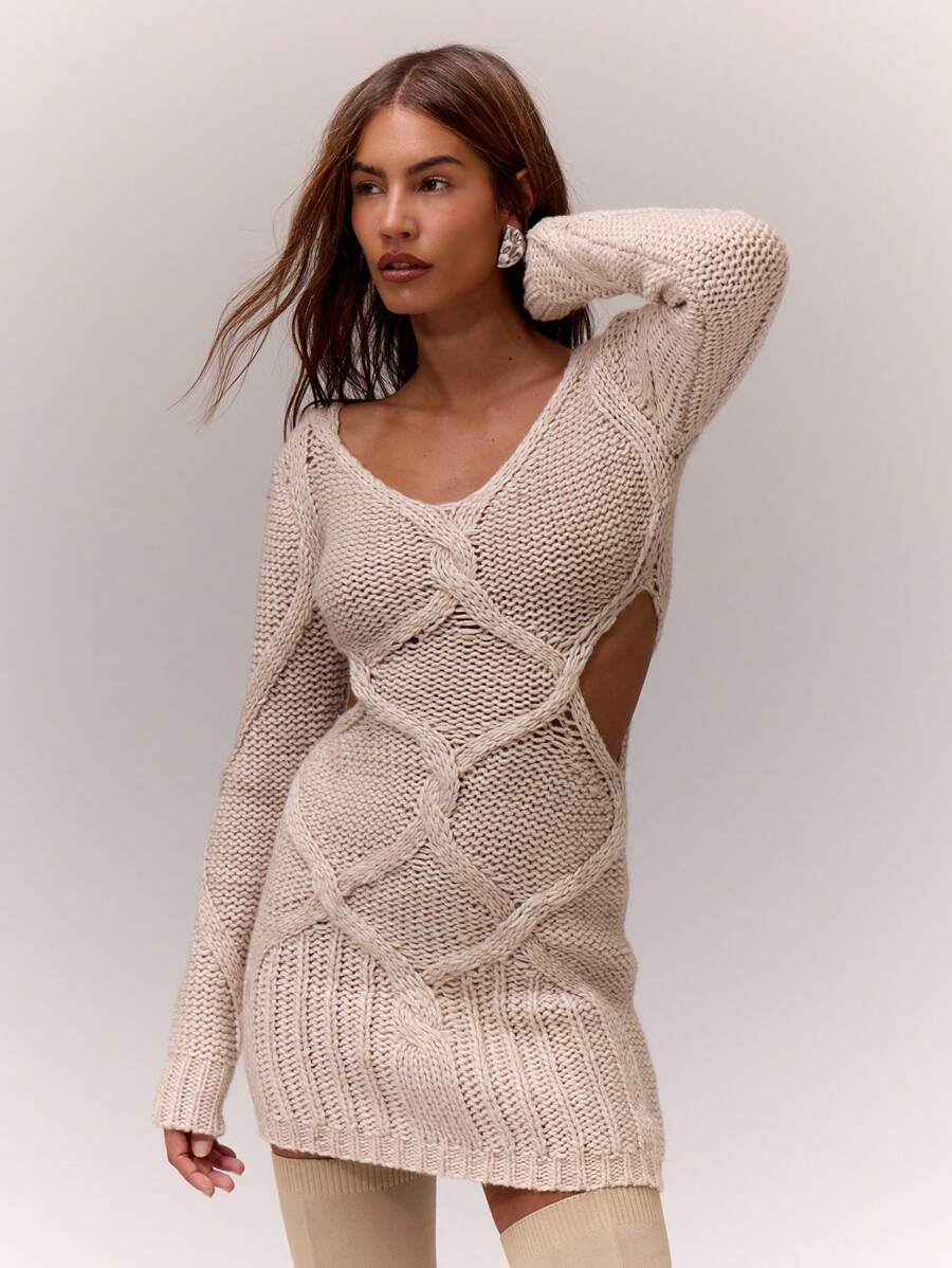 MUSERA Váy len dài tay hở cổ chữ V dệt kim cáp lớn - Lạc đà - Xem 1