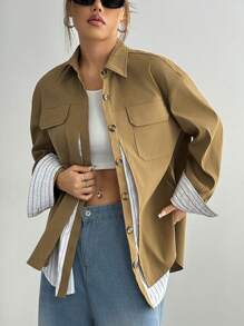 SHEIN Unity Women's Casual Stripe Patchwork 2 In 1 Jacket - Khaki - View 6