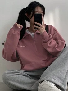 DAZY 女式翻领字母印花半拉链卫衣、长袖上衣、秋季女装 - 粉色 - 查看 2