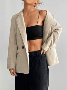 SHEIN Unity French Style Solid Color Double Breasted Long Sleeve Blazer Fall Cloth For Women - Apricot - View 6