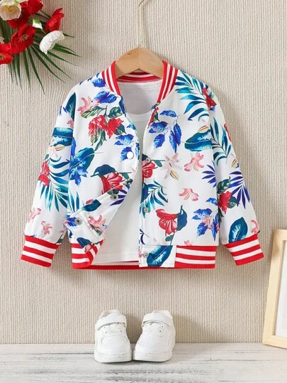 SHEIN 1 件女童休闲露露风格花卉印花拼色拉链短夹克外套，适合搭配秋季家庭装