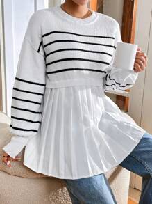 SHEIN Essnce 女士条纹针织毛衣秋冬时尚长袖圆领套头衫宽松运动装，女士秋季针织衫，女士毛衣，白色毛衣，秋季毛衣 - 白色 - 查看 4