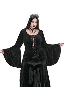 Flirla Goth Punk Plus Size Women Dark Punk Gothic Floral Lace Trim Tied Flare Sleeve Sexy Retro Vintage Corset Style T-Shirt, Halloween - Black - View 5