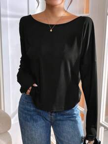 SHEIN Clasi 都市时尚纹理针织高领珍珠链蝙蝠袖露背 T 恤，女款，秋冬 - 黑色 - 查看 2