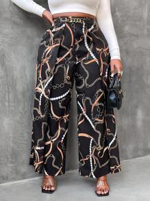Maweii Pantalones anchos de moda sueltos con decoración de cadena metálica en la cintura, para mujer de talla grande - Negro - Ver 1