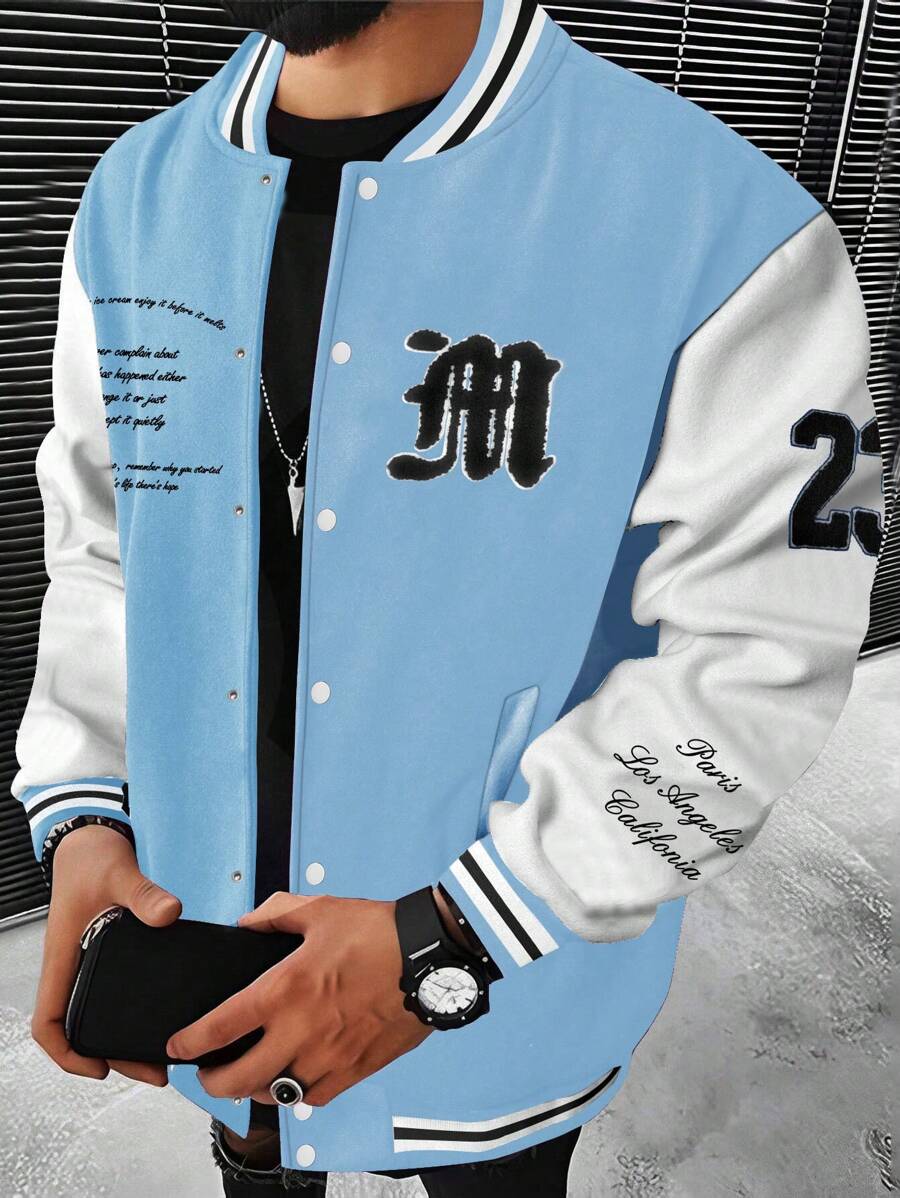 Manfinity Homme Men Slogan Graphic Striped Trim Varsity Jacket, Light Blue Going Out Friends Graphic Long Sleeve Baseball Color Block Lightweight Jacket, For Friends, Husband, Boyfriend Gifts - Blue - View 1