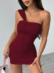 SHEIN Unity Women's Summer Solid Color Sleeveless Pleated Slim Mini Dress For New Year Clothes - Red - View 4