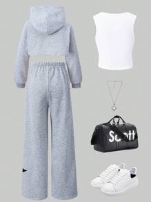SHEIN Explorewe 3pcs/Set Tween Girls Hooded Top + Embroidered Vest + Pants Suit - Grey - View 2