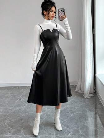 SHEIN Privé 女士优雅简约休闲时尚仿皮 V 领 A 字中长连衣裙