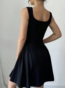 Nuevo de mujer, cuello cuadrado sin mangas con línea A y dobladillo fruncido, tela texturizada de alta elasticidad, unicolor, estiloso y joven, ajustado y versátil para uso casual y - Rojo - Ver 9