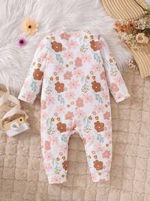 女婴可爱橙色印花简约数码印花长袖连体裤，适合休闲、居家和户外、秋季 - 彩色 - 查看 2