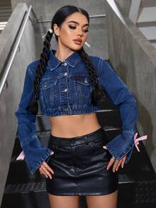 SHEIN EZwear 女士纽扣式长袖时尚街头风格短款牛仔夹克 - 深色水洗藍 - 查看 2