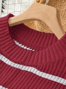 Calvaya Áo len dệt kim sọc cánh dơi cổ tròn cỡ lớn mùa hè, mặc thường ngày - Màu Đỏ Sâu - Xem 4