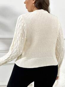 SHEIN Privé Plus Size Women Apricot Open Front Bowknot Cable Knit Sweater - White - View 2