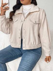 SHEIN Frenchy Plus Size Women's Autumn Winter Color Block Lapel Drop Shoulder Long Sleeve Casual Jacket - Apricot - View 4