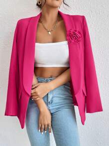 Calvaya Women's Spring/Autumn Solid Color Lapel Collar Long Sleeve Jacket With 3D Floral Brooch Decor
