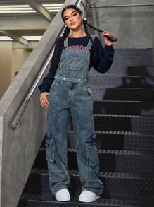 SHEIN EZwear 女士宽松工装口袋直筒工装裤牛仔连体裤 - 藍色 - 查看 1