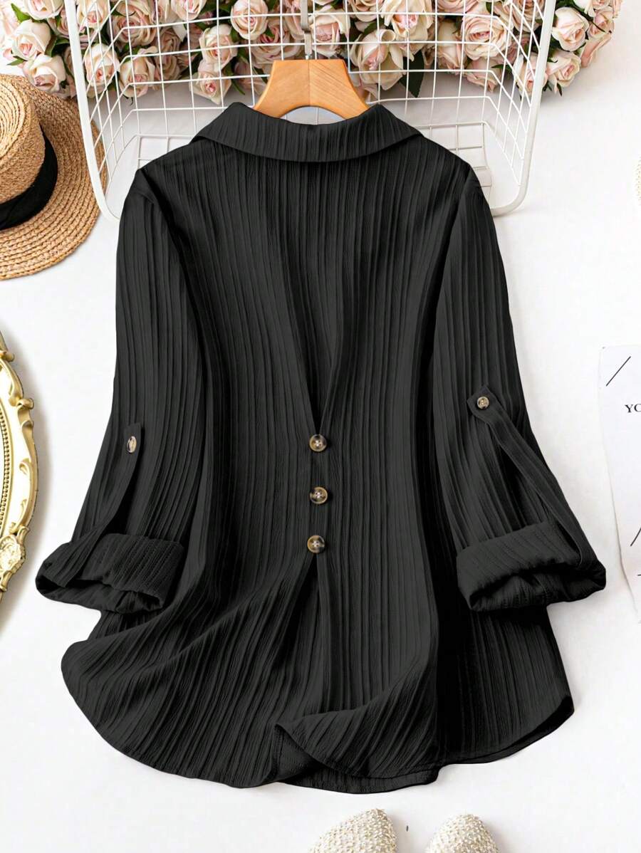 SHEIN LUNE Plus Size V-Neck Button Back Long Sleeve Solid Color Casual Shirt Fall Cloth For Women - Black - View 1