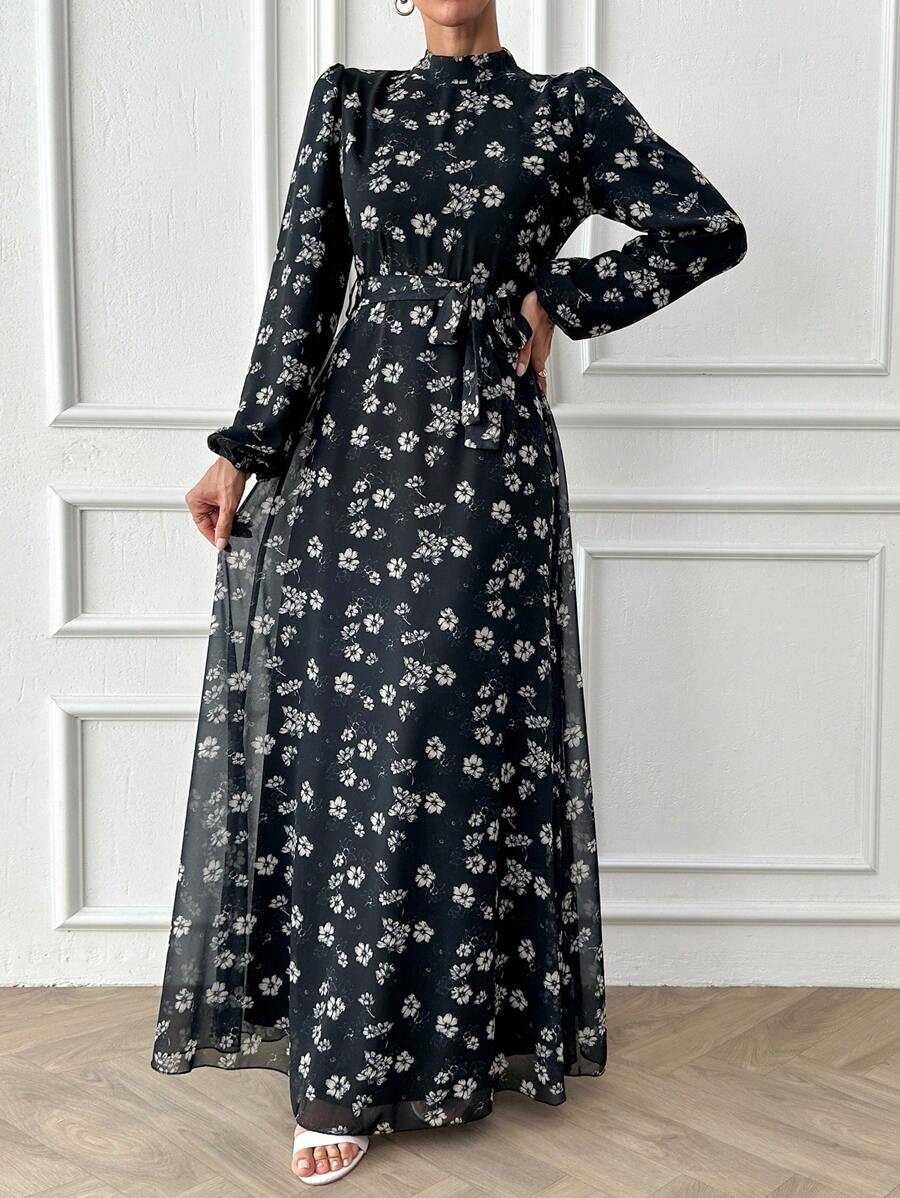 EURMUSE Women Flower Printed Long Sleeve Long Maxi Dress - Black - View 1