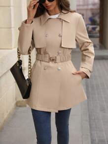 Chiquease Women's Plain Color Metal Double-Breasted Long Sleeve Casual Trench Coat, Spring Autumn