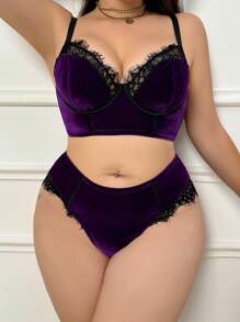 SHEIN Plus Size Women Contrast Lace Contrast Color Lingerie Set, Lift - Purple - View 3