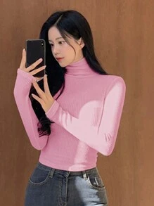 DAZY Women's Solid Color Turtleneck Long Sleeve Ribbed Slim Casual T-Shirt, Spring/Autumn,Fall Women Clothes - Pink - View 10