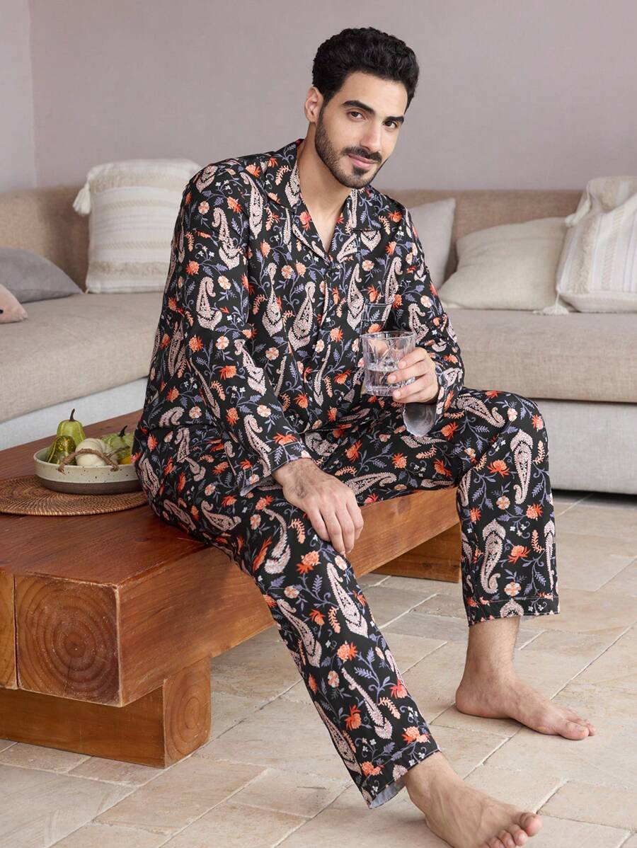 Manfinity ChillVibe 2pcs Men's Lapel Neck All-Over Print Long Sleeve Top And Pants Loungewear Set - Multicolor - View 1