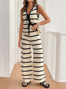 SHEIN Frenchy 2 piezas Conjunto informal de mujer con chaleco de punto con corbata delantera a rayas y pantalones de punto para primavera y otoño