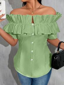 Maweii Áo cánh hở vai đơn giản màu trơn cỡ lớn cho nữ có bèo nhún - Màu xanh Bạc hà - Xem 1